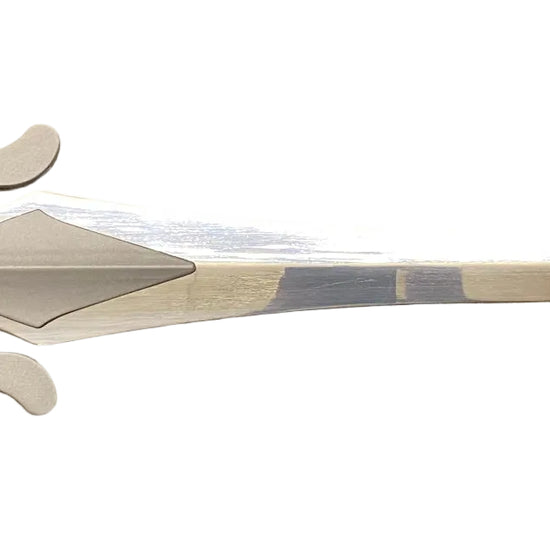 Decorative sword with a gold blade and black handle on a white background