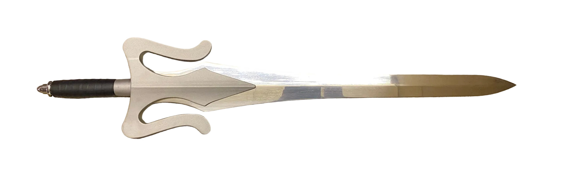 Decorative sword with a gold blade and black handle on a white background