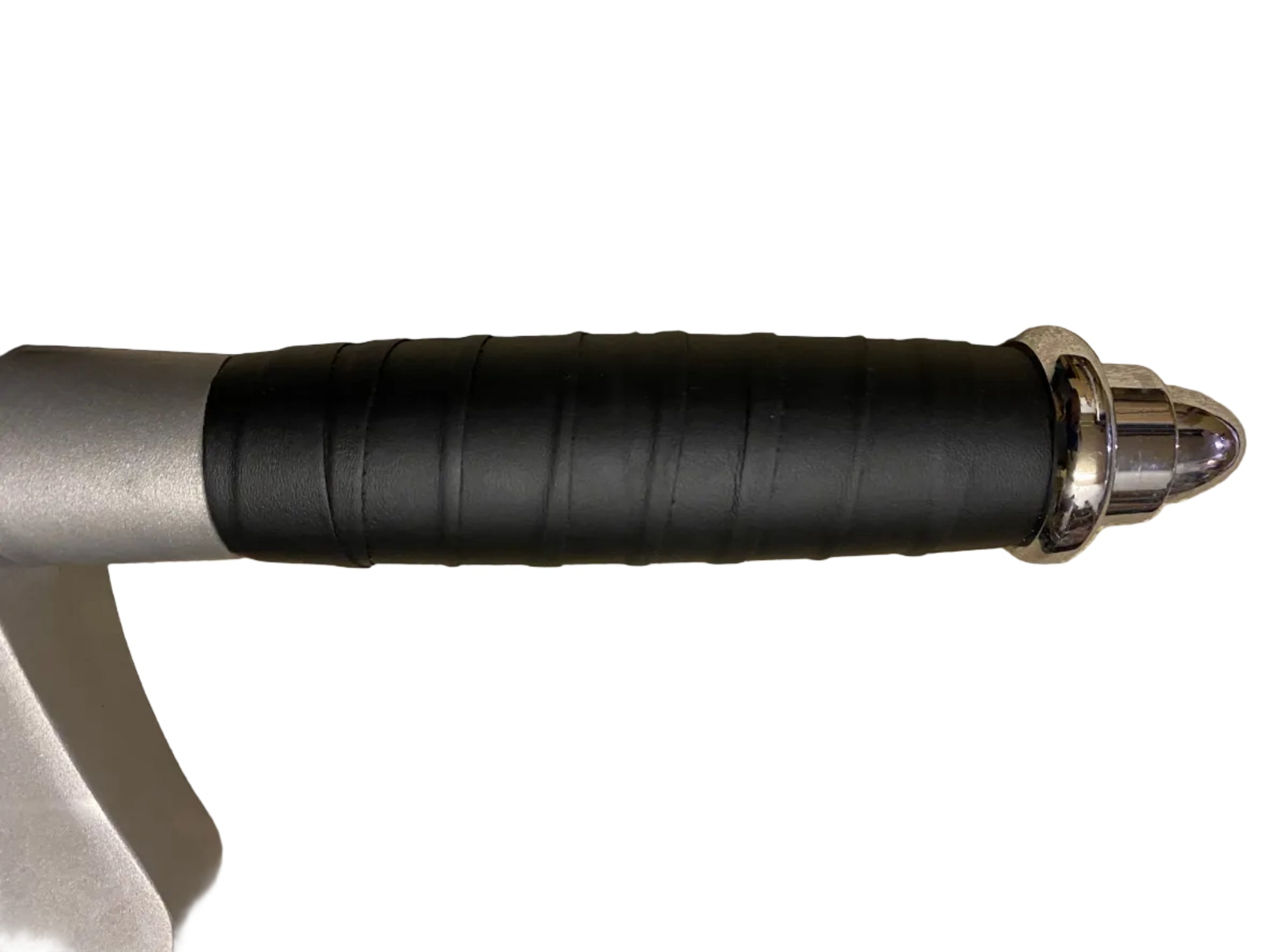 Close-up of a black and grey cylindrical object sword handle on a white background