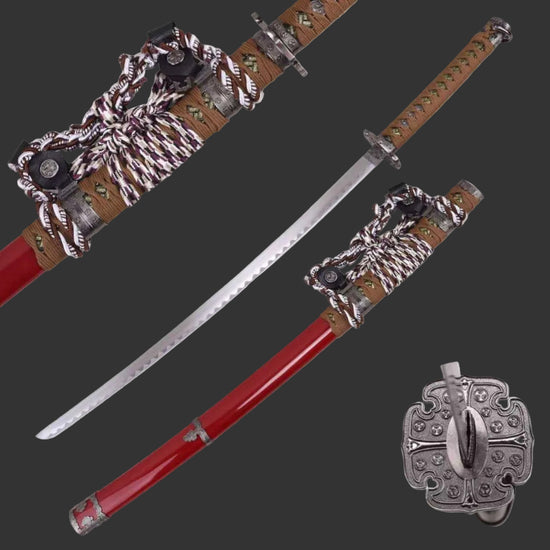 Red sword with decorative sheath on a white background