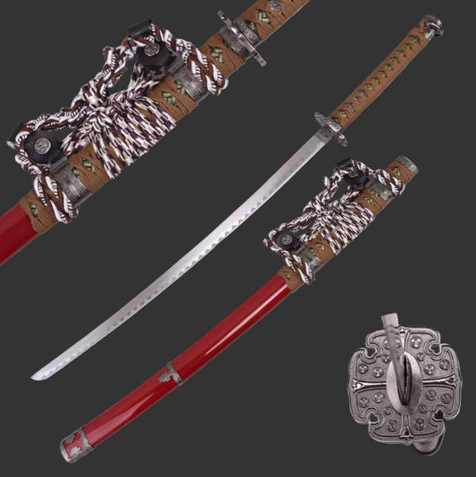 Red sword with decorative sheath on a white background