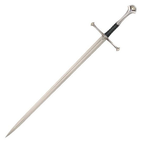 A medieval-style longsword with a silver steel blade, a black wrapped grip, and a silver crossguard and pommel, shown diagonally on a white background.