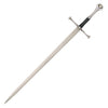 A medieval-style longsword with a silver steel blade, a black wrapped grip, and a silver crossguard and pommel, shown diagonally on a white background.