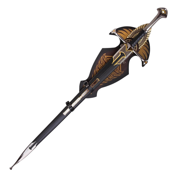 A replica of Aragorn's Anduril sword from the Lord of the Rings, featuring a decorative cross-guard and a flame design on the blade.