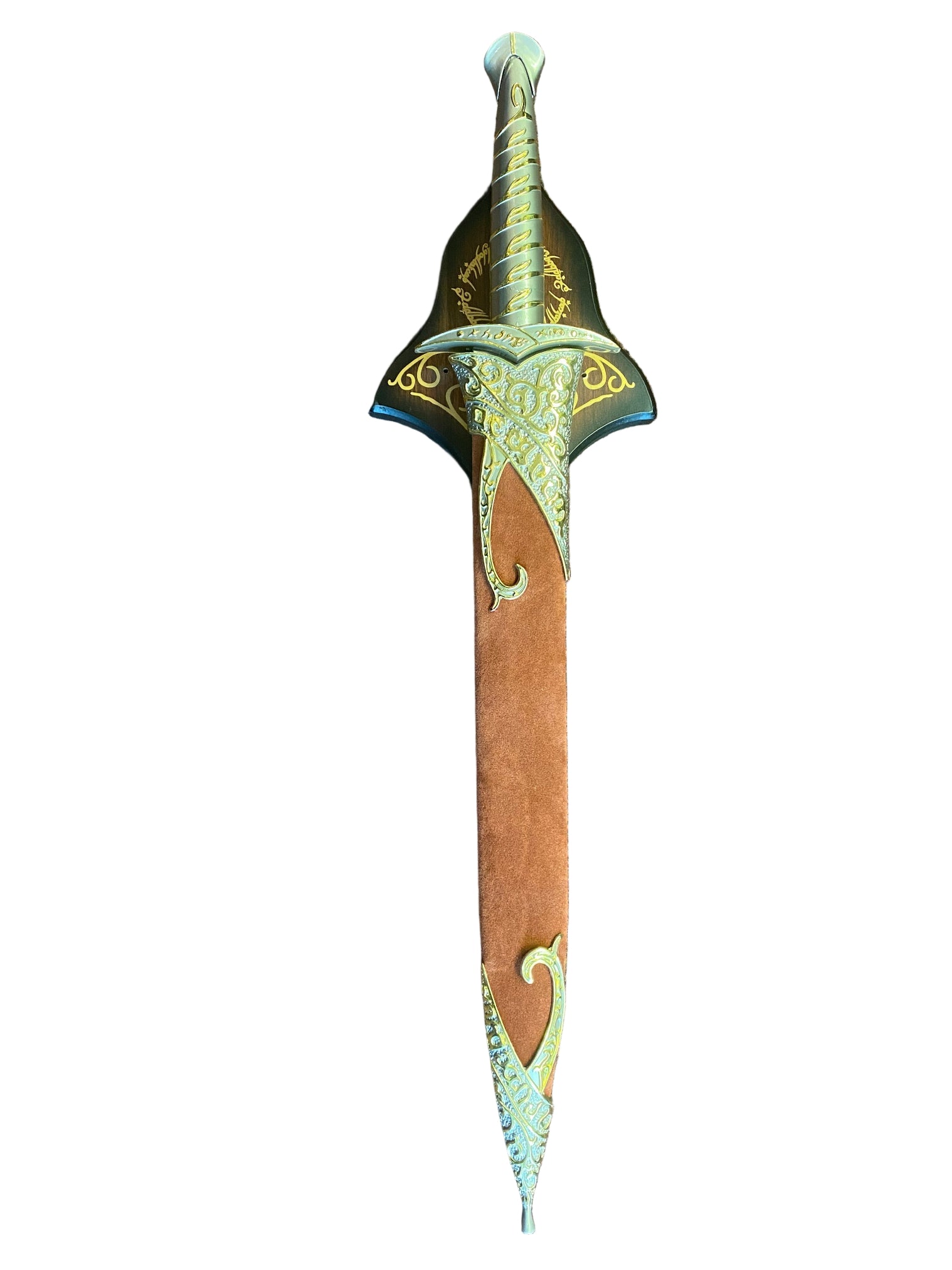 Decorative sword with ornate handle on a textured surface