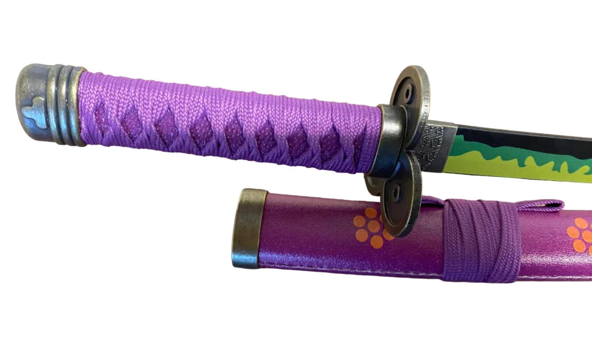 Purple sword handle with decorative patterns on a brown background