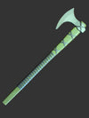 Green axe with a textured handle on a brown surface