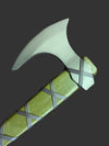 Green axe with a wooden handle on a brown textured surface