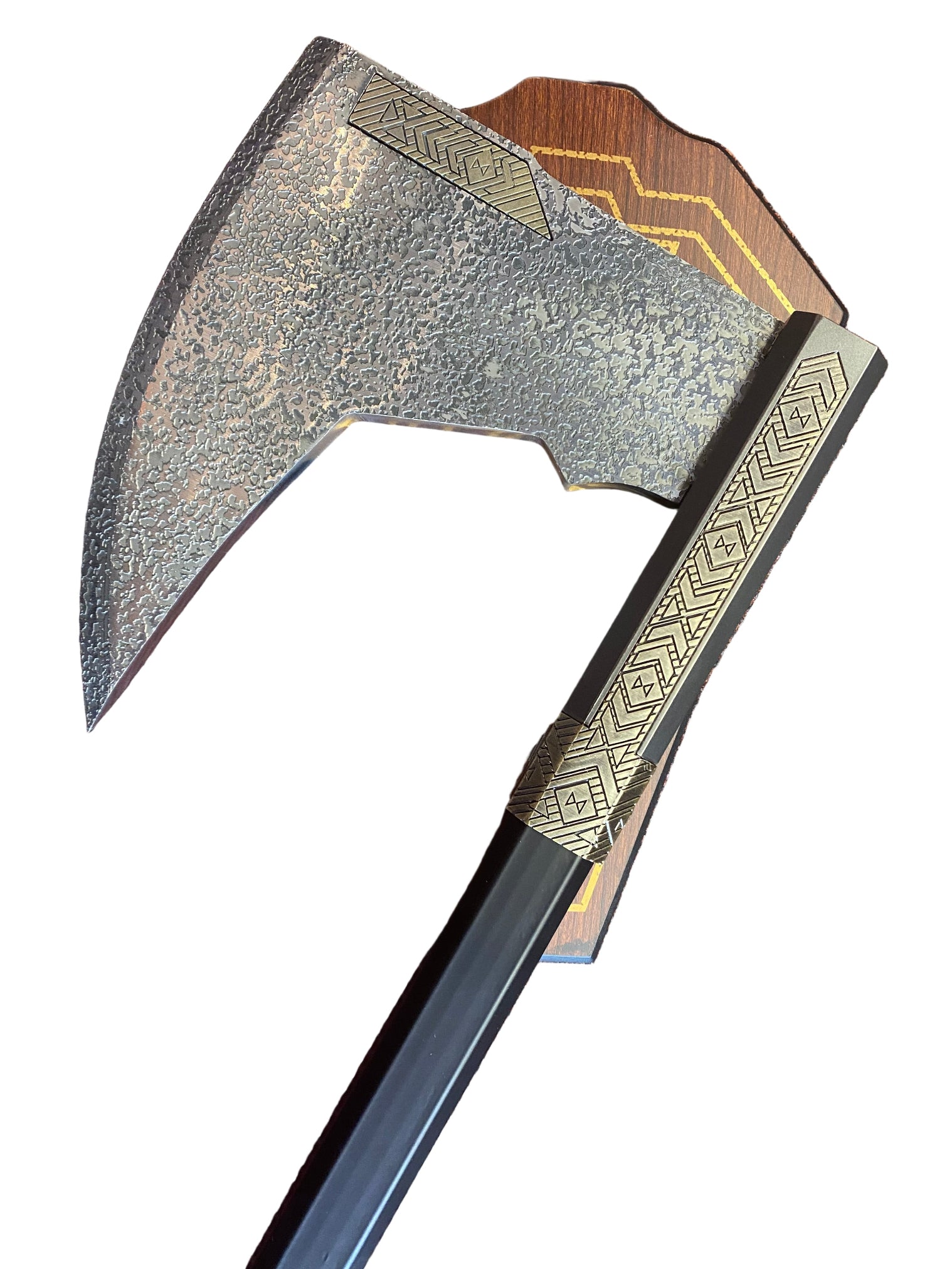 Decorative axe with a wooden handle on a white background