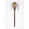 Decorative axe with a wooden handle and metallic head on a white background
