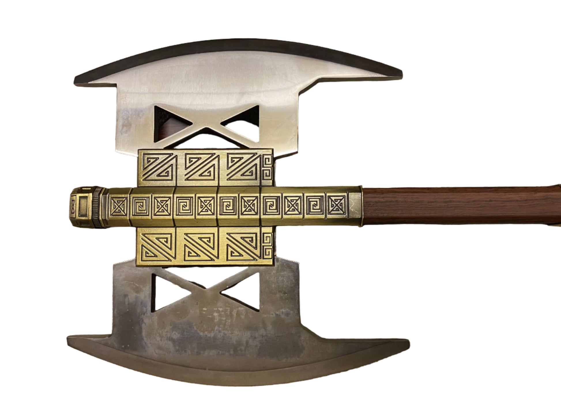 Decorative axe with gold and silver design on a white background