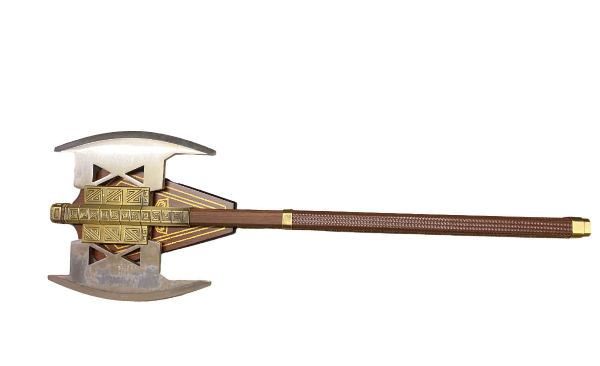 Decorative axe with a detailed head and wooden handle on a white background