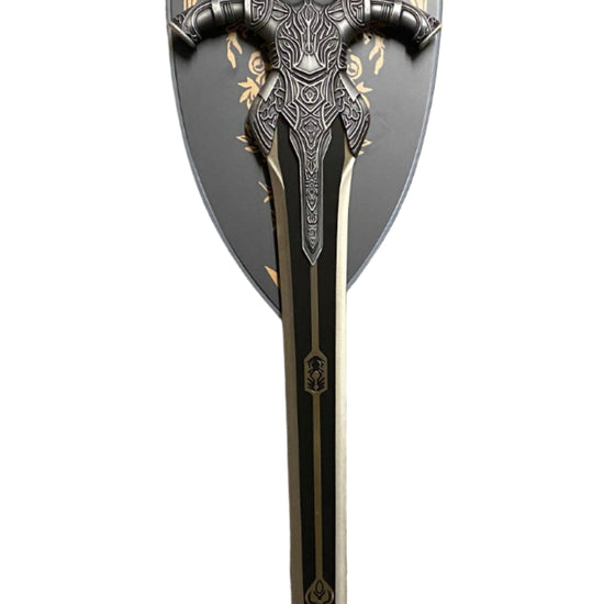 Decorative sword with ornate handle and blade on a white background