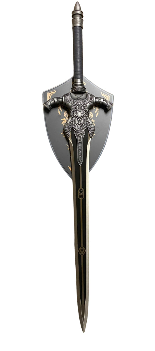Decorative sword with ornate handle and blade on a white background
