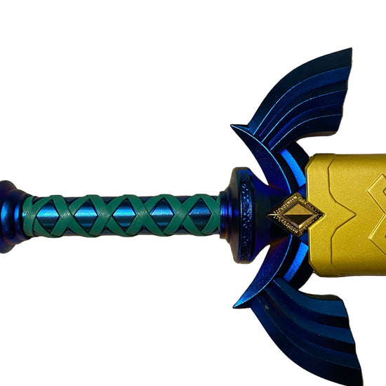 sword with blue and green handle and gold blade on a white background