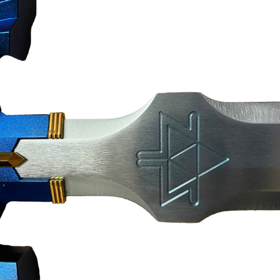 Close-up of a sword with a blue sheath on a white background