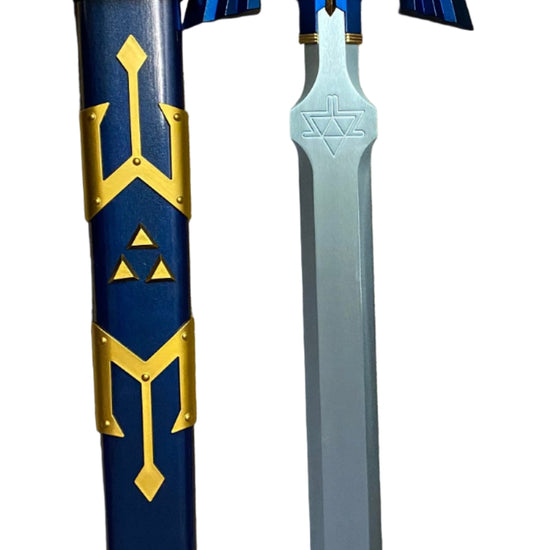 Sword with blue and gold design on a white background