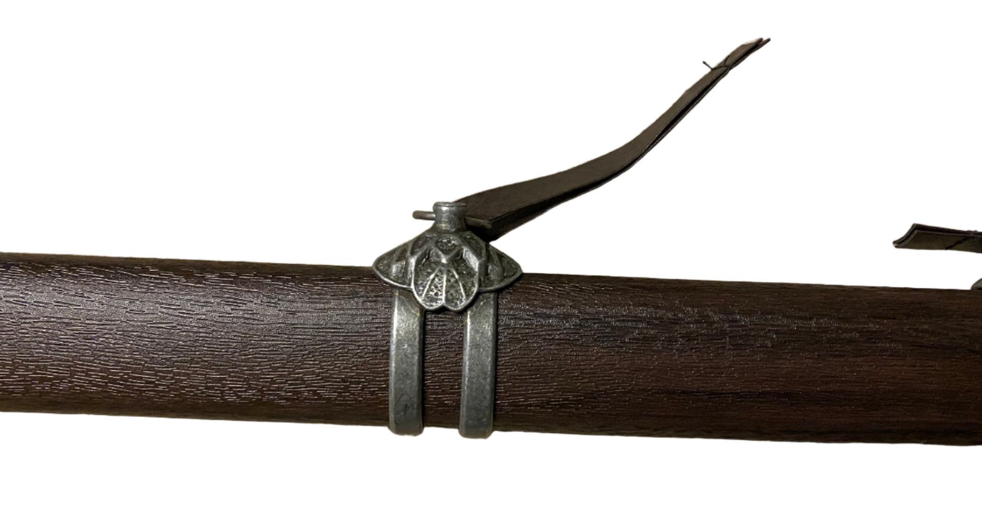 Close-up of a crossbow bolt with a metallic nock on a white background