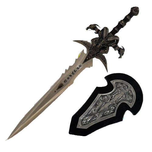 Decorative sword with ornate handle and sheath on a white background