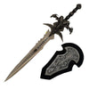 Decorative sword with ornate handle and sheath on a white background