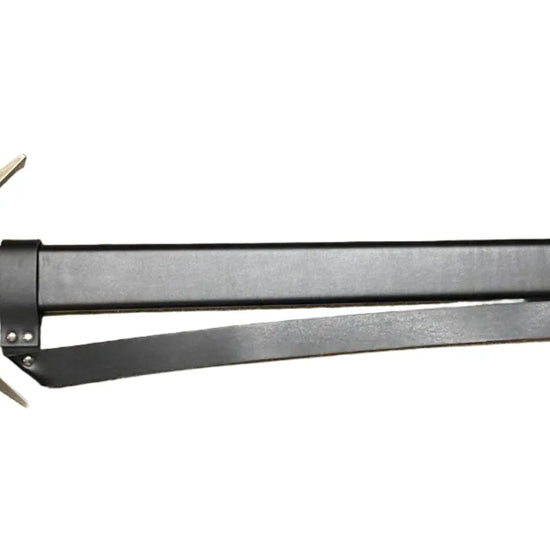 Long sword with a black blade and gold accents on a white background