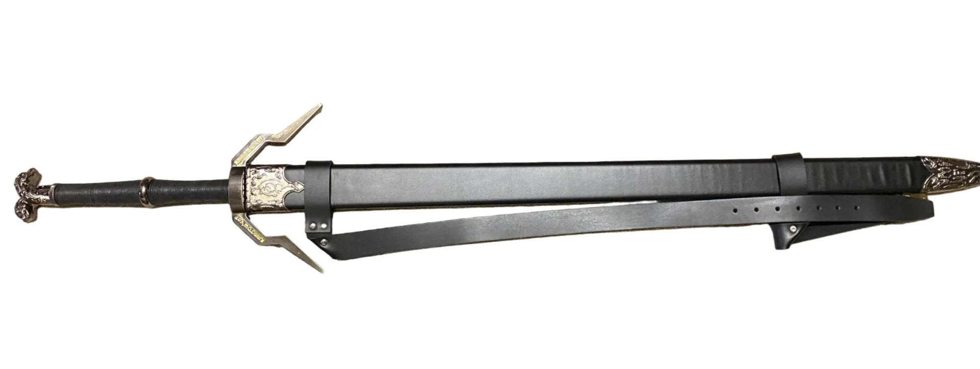 Long sword with a black blade and gold accents on a white background