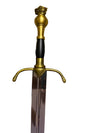 Decorative sword with gold hilt and black handle on a white background