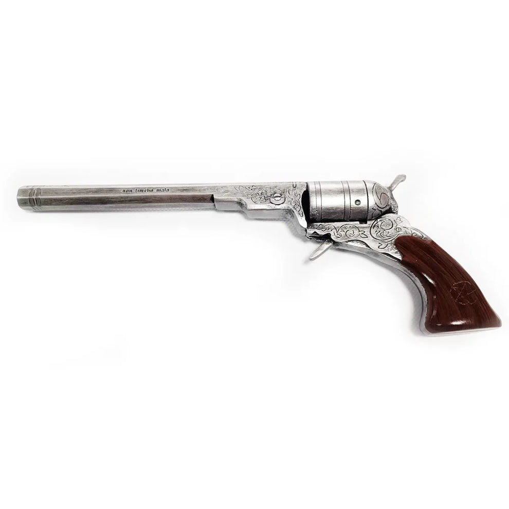 Revolver with wooden grip on a white background