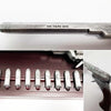 Collage of a gun with engraved text, a gun magazine with bullets, and a close-up of the gun's barrel.