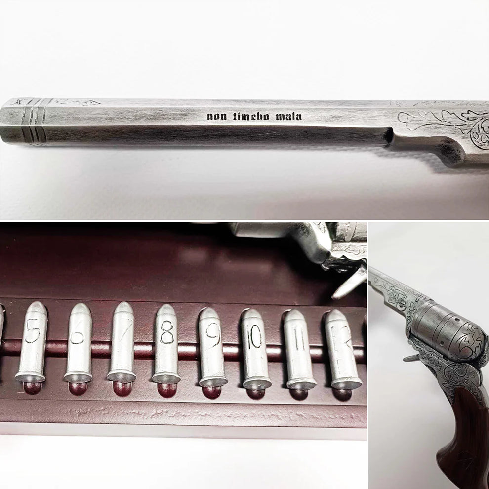 Collage of a gun with engraved text, a gun magazine with bullets, and a close-up of the gun's barrel.