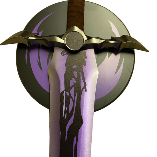 Sword with a purple blade and gold hilt on a white background