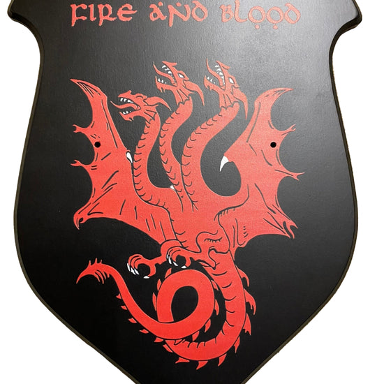 Black plaque with red dragon design and 'Fire and Blood' text on a beige carpet.