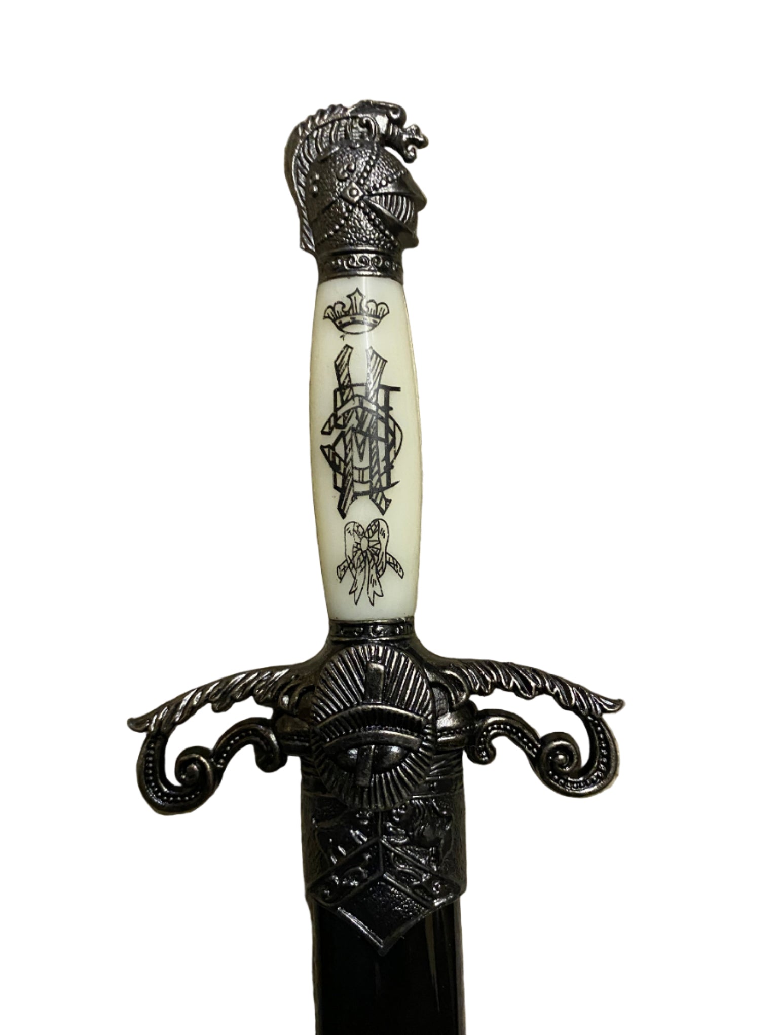 Decorative dagger with ornate handle on a white background