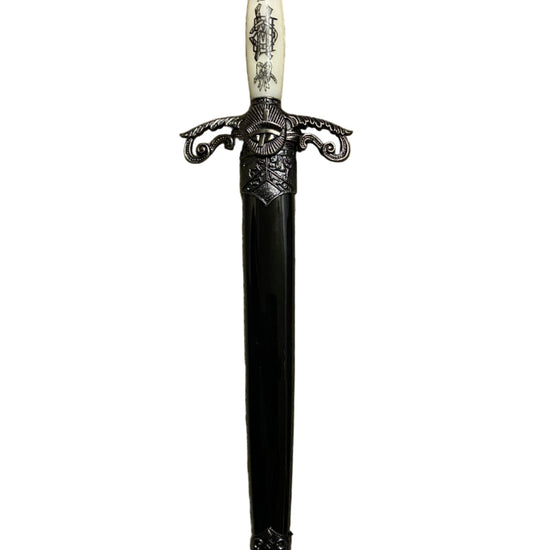 Decorative dagger with a black handle and silver accents on a white background