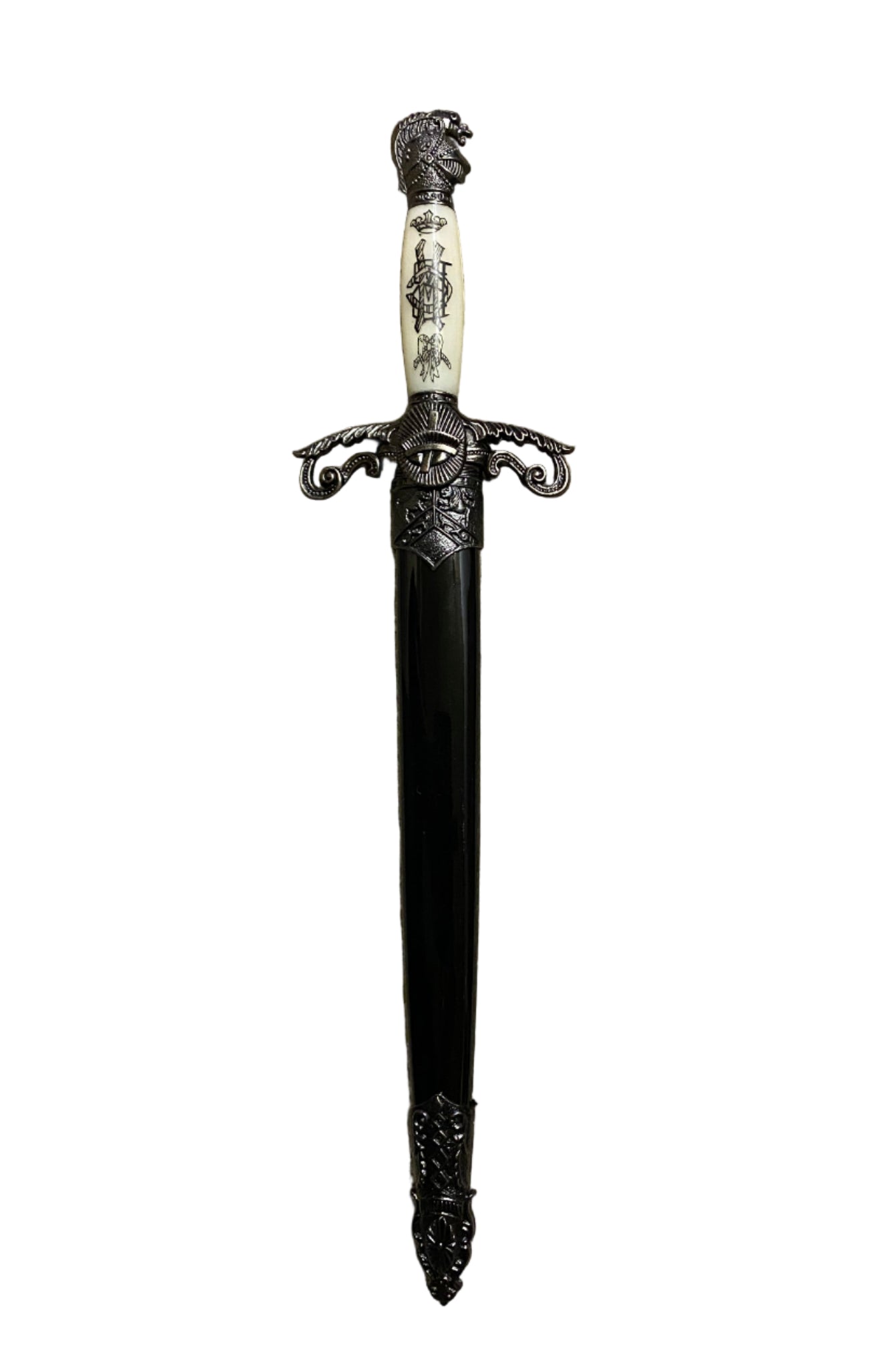 Decorative dagger with a black handle and silver accents on a white background