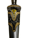Decorative handle of a sword with intricate gold and silver design on a white background