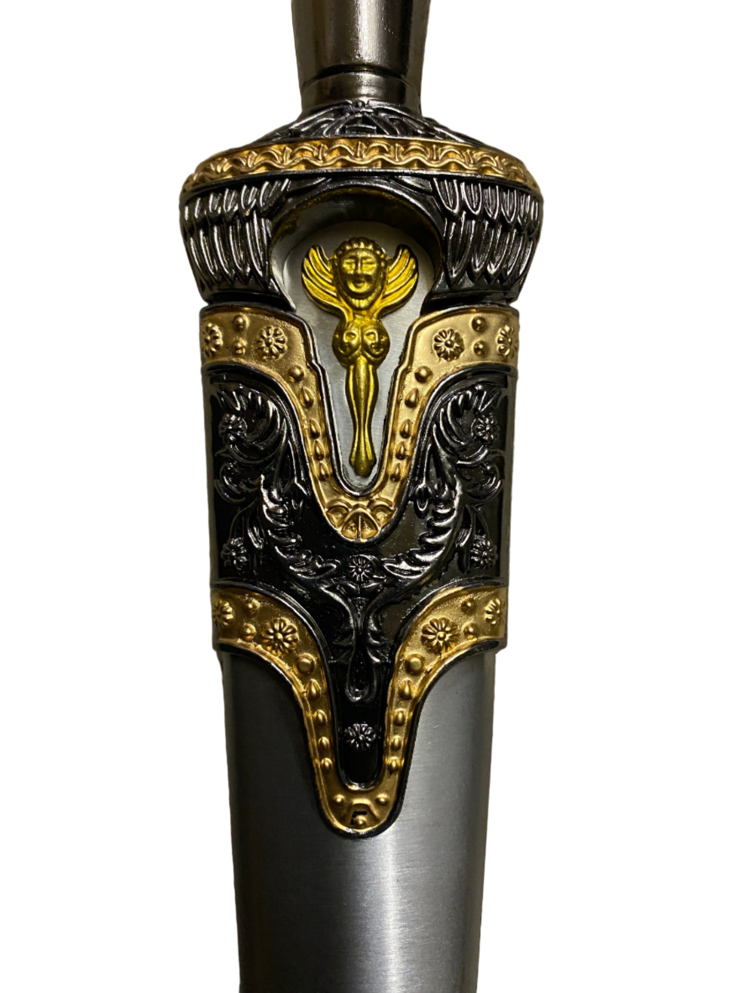 Decorative handle of a sword with intricate gold and silver design on a white background