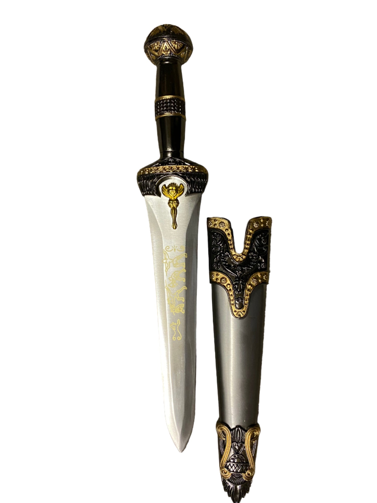 Decorative dagger with ornate handle and sheath on a white background