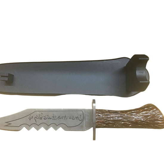 Knife with wooden handle and sheath on a white background