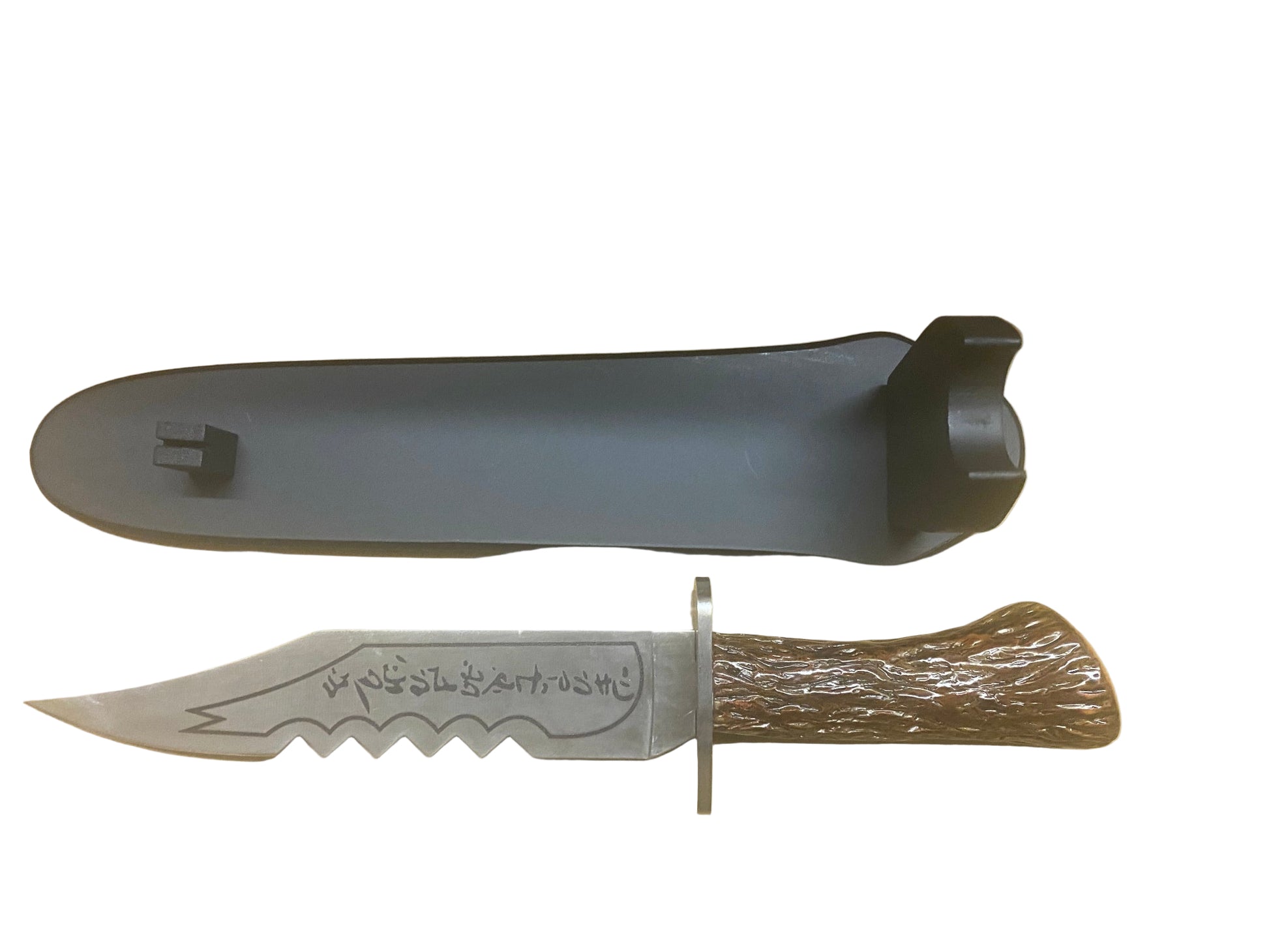 Knife with wooden handle and sheath on a white background