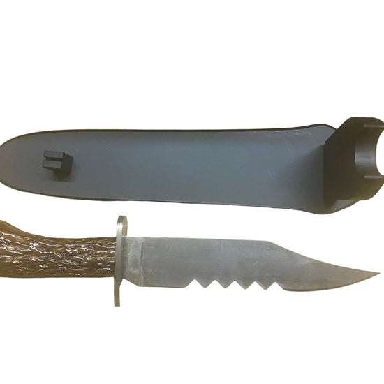 Knife with wooden handle and sheath on a white background