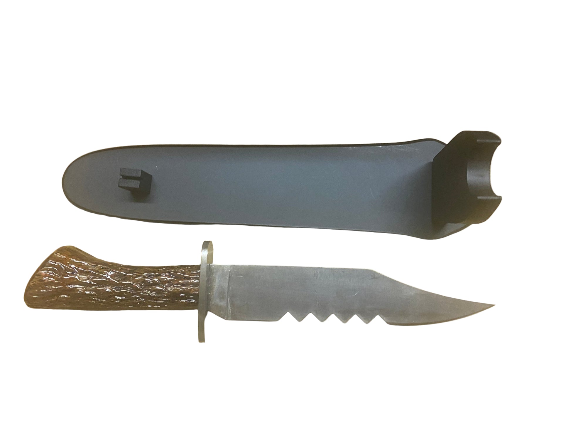 Knife with wooden handle and sheath on a white background