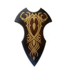 Decorative shield with gold patterns on a white background