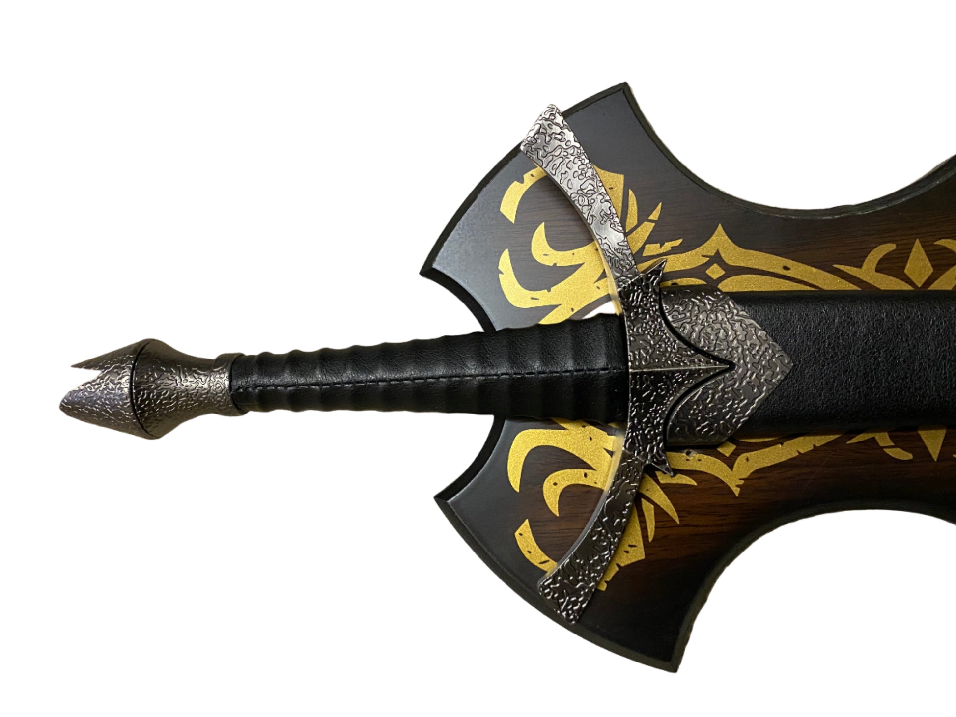 Decorative sword with a detailed handle and gold patterns on a white background