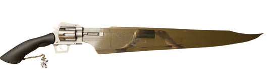 Long knife with a metallic blade and black handle on a white background