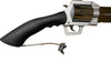 Black and silver revolver with a chain on a white background