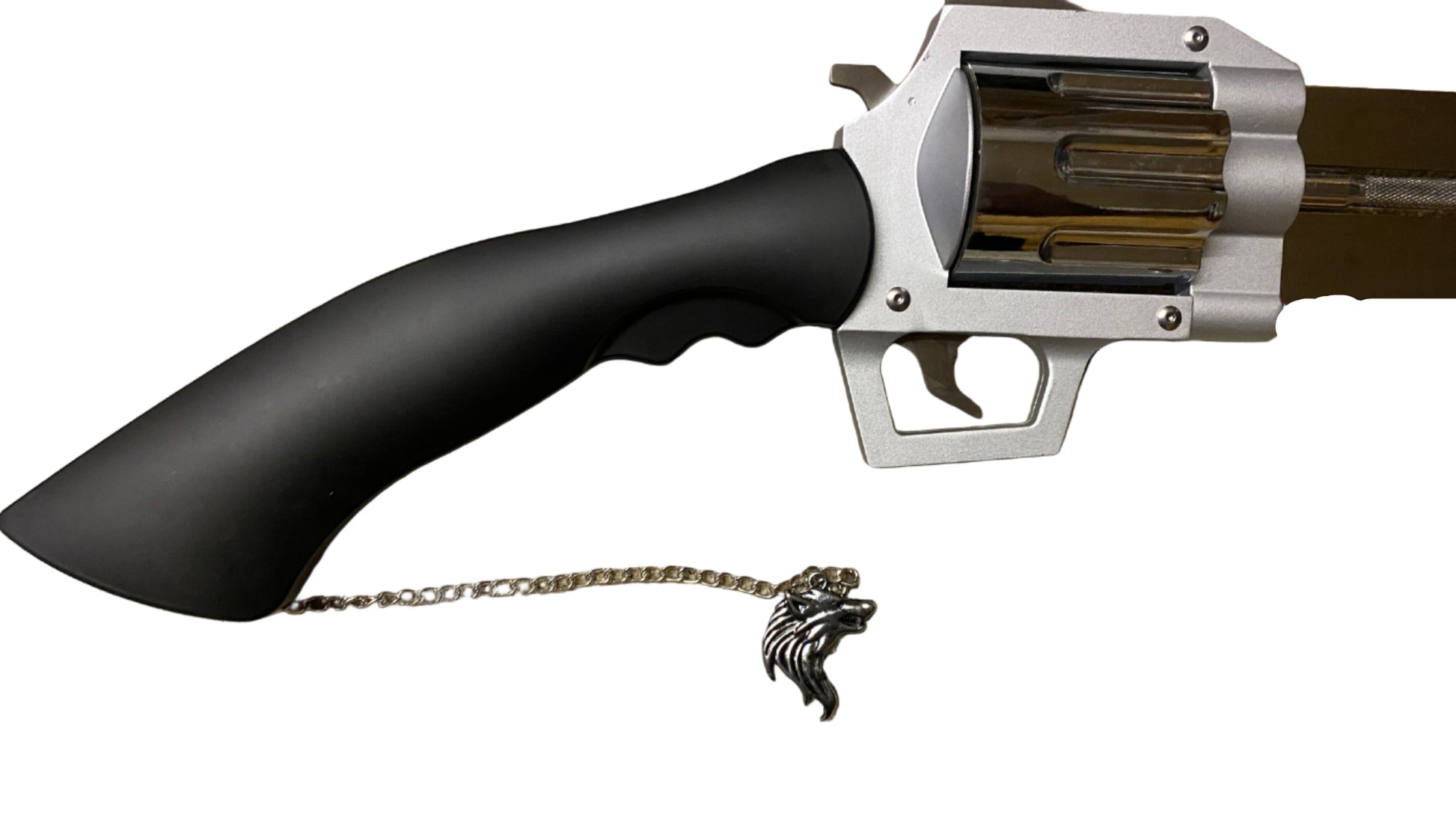 Black and silver revolver with a chain on a white background