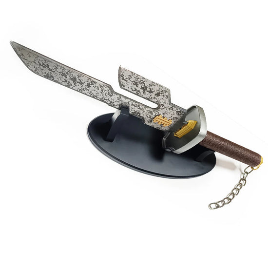 Decorative sword with a brown handle and chain on a white background