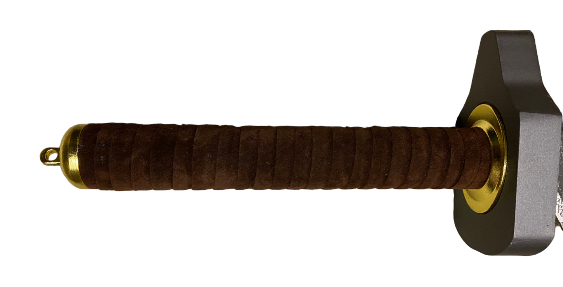 Sword handle with brown grip and gold accents on a beige carpet