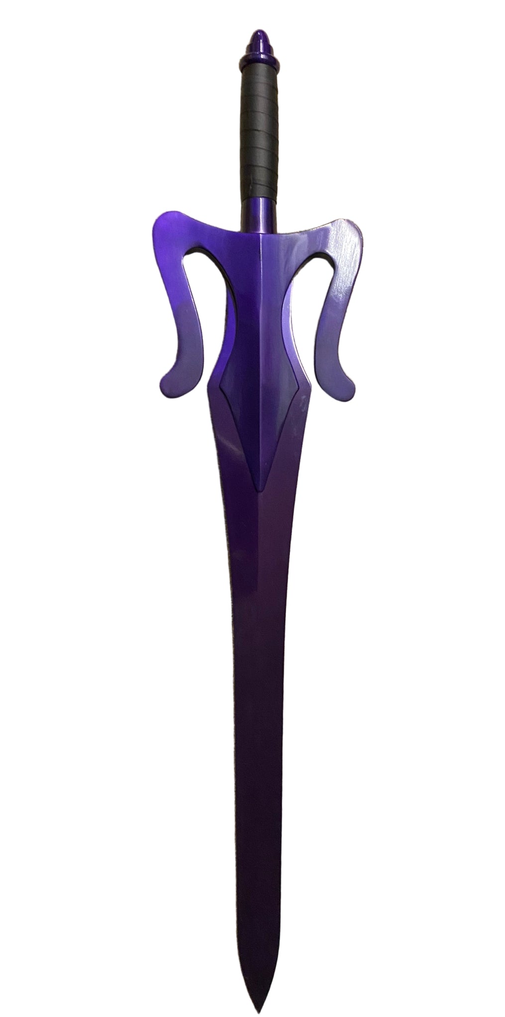 Decorative sword with purple and black handle on a white background